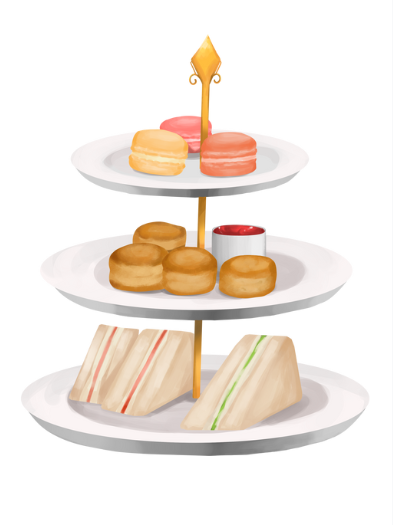 Illustration of a three-tiered plate filled with tasty sandwiches and colorful macaroons.