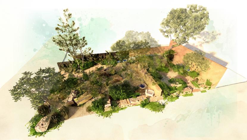 Birds eye view drawing of the plan for The Garden of Compassion. Trees, shrubs and rocks.