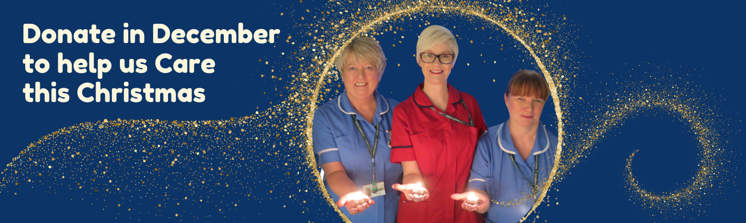 Three women in nurses uniforms holding candles, promoting December donations to support Christmas care efforts.