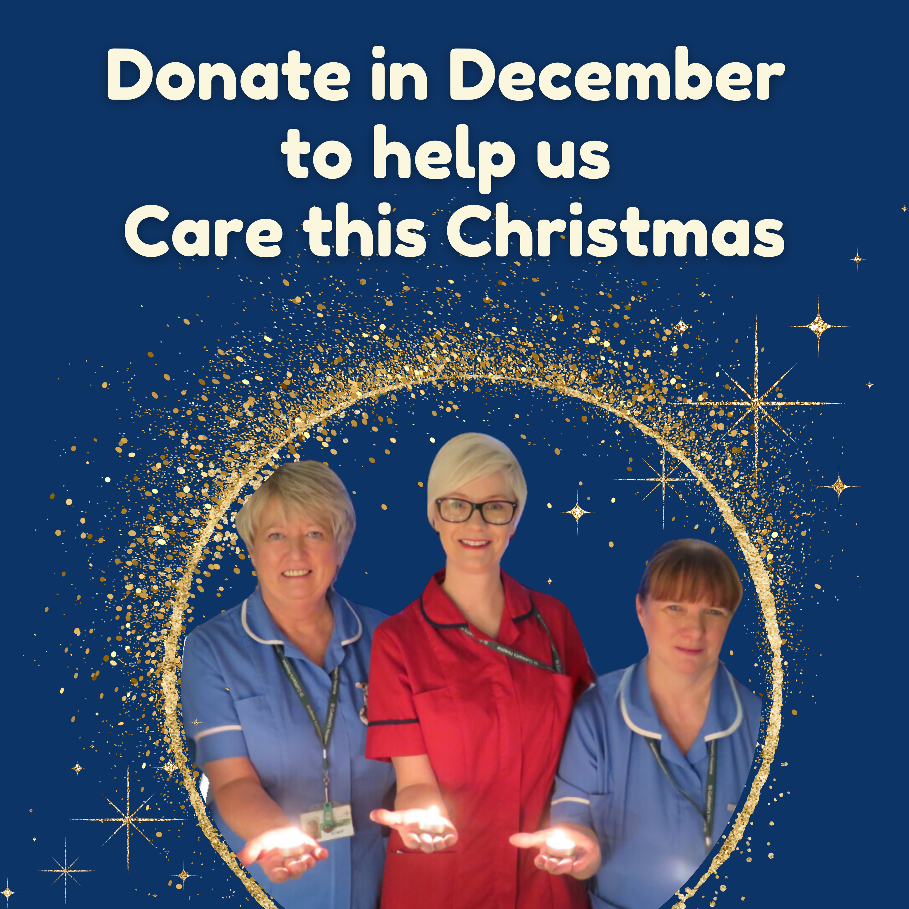 Three women in nurses uniforms holding candles, promoting December donations to support Christmas care efforts.