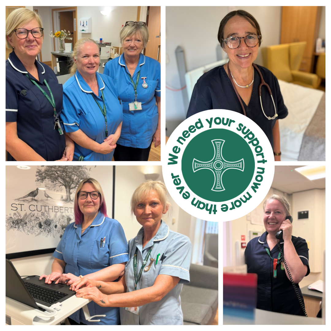 a collage of images showing staff in nurses uniforms smiling at the camera with an icon featuring the Hospice logo and the text now more than ever